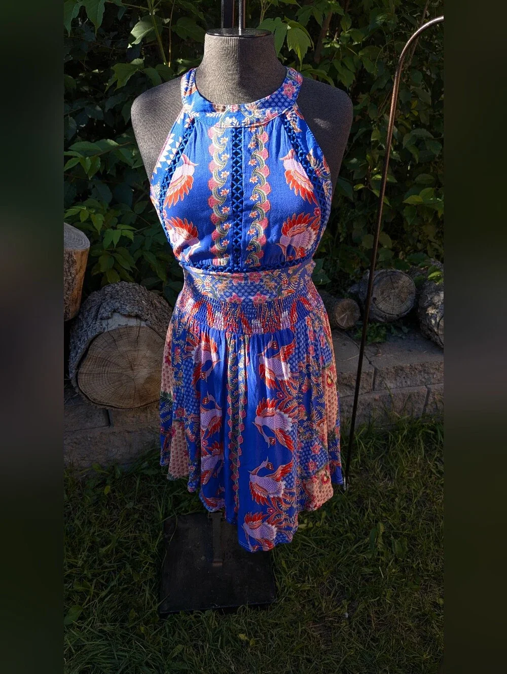 Boho Tropical Halter Mini Dress Smocked Festival Summer XS Dopamine Drip - Picture 7 of 13
